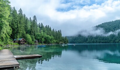 Obraz premium Serene Lake View with Wooden Dock, Cabin, Turquoise Water and Forest Mist Landscape