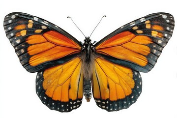 Vibrant monarch butterfly perched with wings spread wide, showcasing striking orange and black pattern in natural habitat during daylight