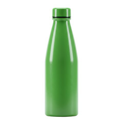 Glossy, green bottle with a rounded cap and body against a solid black background