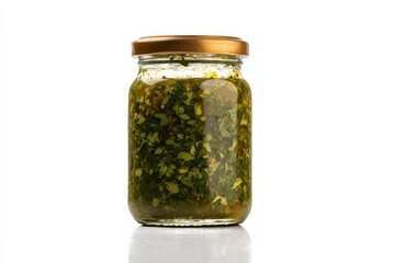 A jar of vibrant green chimichurri sauce, ready to add zest to your meals.