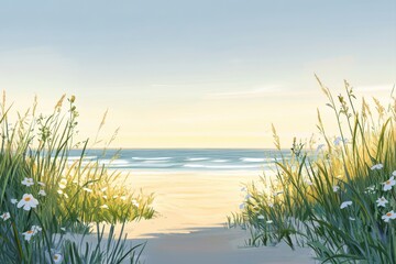 Tranquil beach path at dawn, bordered by wildflowers and tall grasses leading to a serene ocean. Soft light and gentle waves