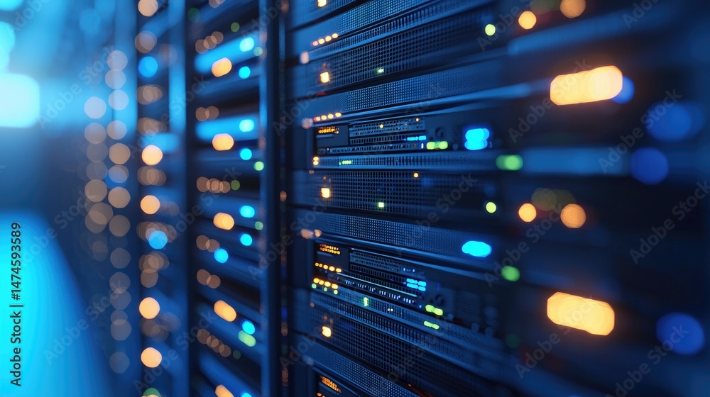 Poster side view of servers in a data center emitting blue and orange lights, conveying modern cloud comput