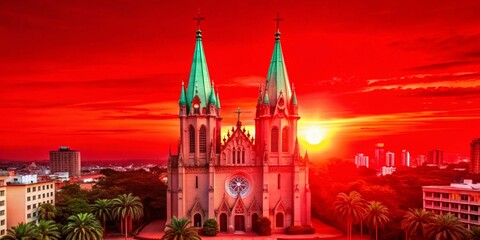 Obraz premium Sao Paulo Cathedral Landscape: Majestic Brazilian Architecture at Sunset