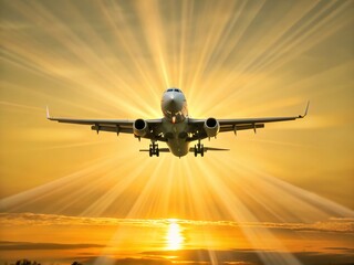 Naklejka premium Scenic Airplane Landing at Sunset: Long Exposure Travel Photography