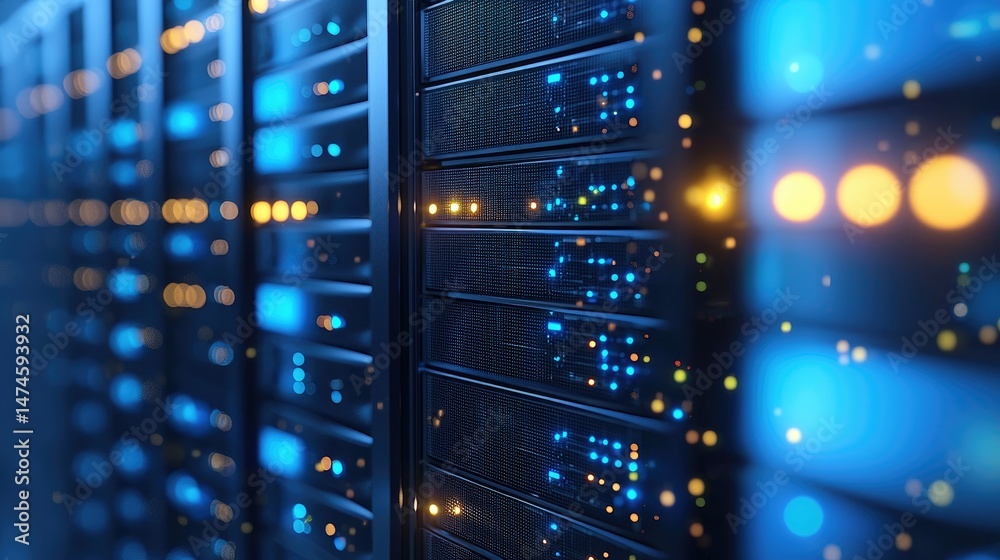 Poster High-tech data center interior with glowing lights on aligned server racks, illustrating enterprise networking, digital security, and scalable infrastructure