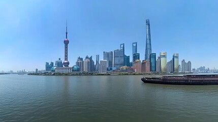 Fototapeta premium Shanghai Cityscape Panoramic View featuring Towering Skyscrapers and Boat on River