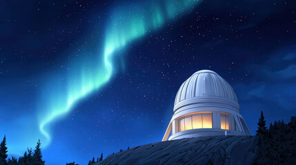 Obraz premium Futuristic observatory glowing under aurora, night sky, stars, forest, peaceful, modern architecture
