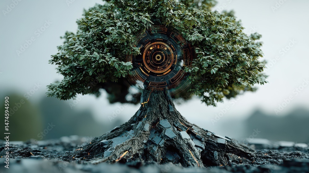 Poster futuristic digital environment showcasing a tree with technology interface,photo stocks
