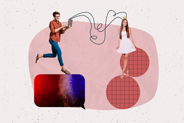 Art image trendy pop full zine photo collage of happy girl guy stand bubble communication chat...