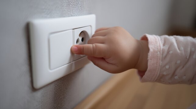 Little toddler putting fingers in a power socket, symbolizing a dangerous situation at home. Concept of domestic accidents, child safety, and the importance of home safety measures to prevent injuries