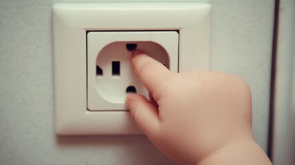 Little toddler putting fingers in a power socket, symbolizing a dangerous situation at home. Concept of domestic accidents, child safety, and the importance of home safety measures to prevent injuries
