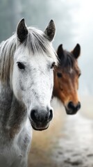 Obraz premium Close-up of a white horse with a brown horse in the background in a misty landscape