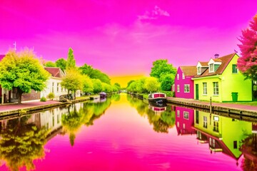 Fototapeta premium Serene Canal Village: Double Exposure Dreamscape Stock Photo