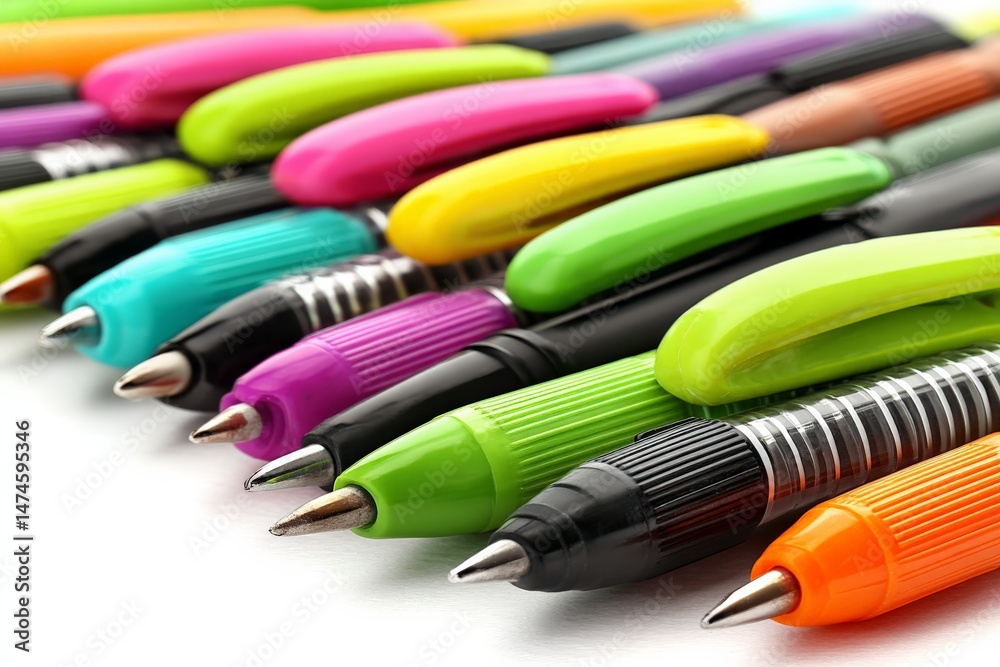 Poster colorful assortment of pens arranged in neat rows on a white surface
