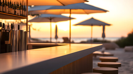Fototapeta premium Seaside Bar at Sunset: An inviting outdoor bar sets the scene, featuring a sleek countertop, elegant bar stools, and the warm hues of the setting sun, perfect for relaxation.