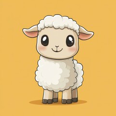 Cute cartoon sheep stands happily against a bright yellow background, showcasing its fluffy white wool and endearing expression