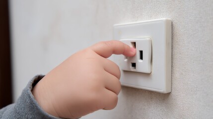 Little toddler putting fingers in a power socket, symbolizing a dangerous situation at home. Concept of domestic accidents, child safety, and the importance of home safety measures to prevent injuries
