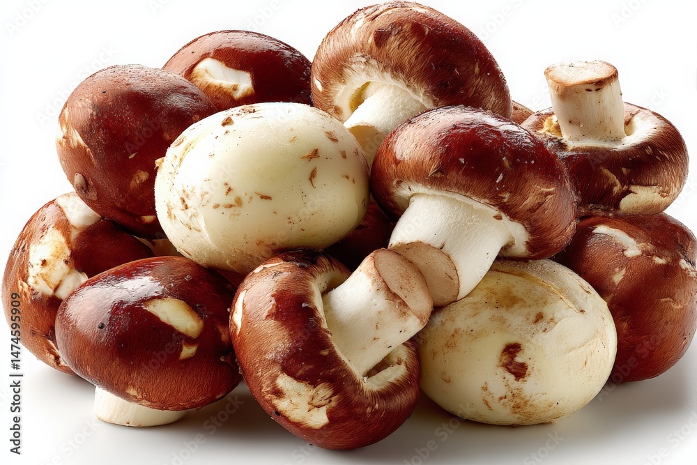 Poster freshly picked mushrooms stacked together in a vibrant display ready for culinary use in various dis