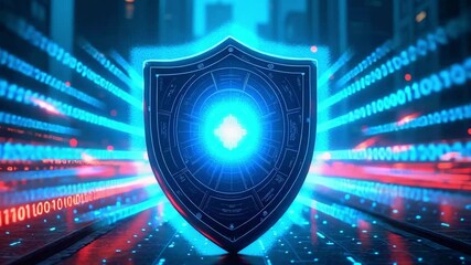 Futuristic digital shield glowing in a neon cityscape with binary code and vibrant lights - Powered by Adobe