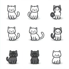 Cute cat illustrations arranged in a grid showcasing different breeds and expressions in a playful and minimalistic style