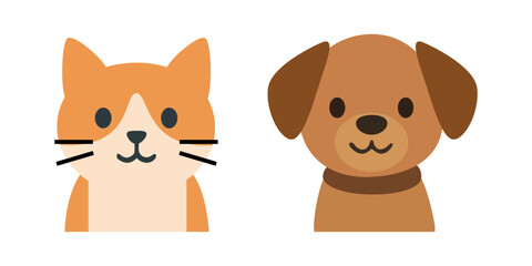 Flat style illustration of a smiling cat and dog side by side, perfect for pet-related content or children's graphics. Vector illustration