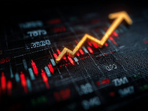 Gr&aacute;fico com seta ascendente em destaque, simbolizando sucesso nos neg&oacute;cios, crescimento econ&ocirc;mico, resultados positivos e desempenho em alta em diferentes setores do mercado