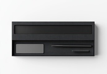 Sleek black box containing pen, card, and slim rectangle