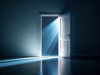 Serene Light Stream: White Light Illuminates Dark Room Through Ajar Door