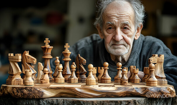 Elderly craftsman gazes proudly at his hand-carved wooden chess set, displayed on a unique olive wood board.  His workshop background hints at years of dedication