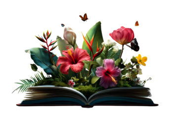 Vibrant flowers and butterflies emerging from an open book