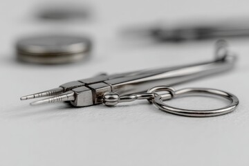 Precision tools and keychain on a workspace showcasing craftsmanship in detail