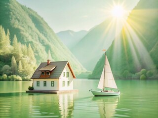 Obraz premium Serene Mountain Valley House with Sailboat - Idyllic Landscape Stock Photo