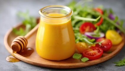 A jar of yellow salad dressing with honey, fresh tomatoes, greens, and onions on a wooden plate.
