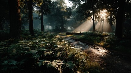Fototapeta premium Sunbeams pierce misty forest path