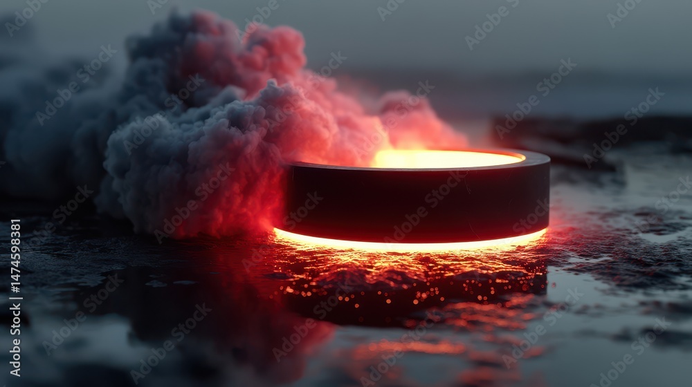 Poster glowing neon ring with some smoke cloud 3d rendering
