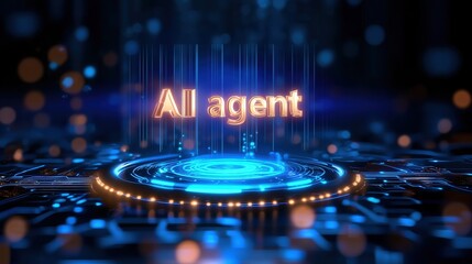 Futuristic holographic text "AI Agent" floating above glowing AI chip with intricate circuit details, set against a nighttime cityscape of skyscrapers illuminated by blue and red neon lights. High-tec