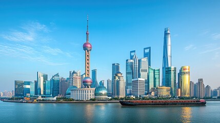 Naklejka premium Shanghai Skyline View, China Cityscape with River, Modern Buildings and Clear Blue Sky