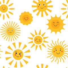 Seamless pattern with cute sun, doodle. Smiling sun, funny summer sunshine. Summer positive children's pattern. Print for kids fabric, textiles.