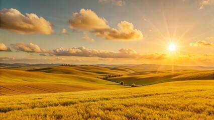 Obraz premium Serene Sunset Landscape: Golden Hour Meadow with Rolling Hills