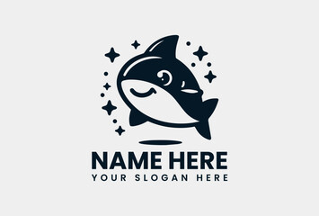 Monochrome Cute Shark Illustration. Minimalist Marine Art Vector Logo