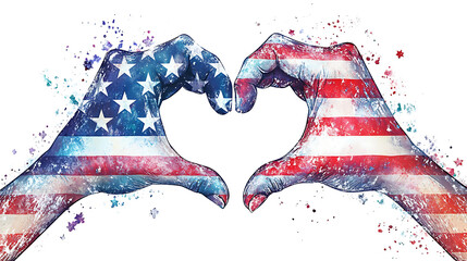 American flag themed hands forming a heart shape against a stark white background. Patriotic art.