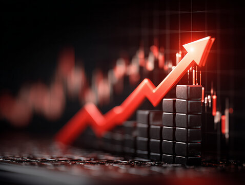 Imagem com seta apontando para cima em gr&aacute;fico de crescimento, representando evolu&ccedil;&atilde;o financeira, alta de lucros, valoriza&ccedil;&atilde;o de investimentos e tend&ecirc;ncia positiva no mercado