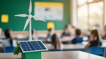 Classroom display of renewable energy models.