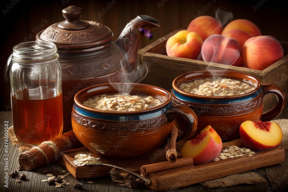 Poster warm bowls of oatmeal with peaches and honey arranged on a rustic wooden table with a teapot and jar