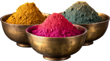 Colorful powders in metallic bowls on a transparent background