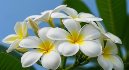 Plumeria Flowers Blooming with Blue Sky and Green Leaves