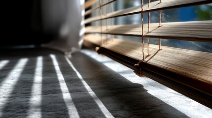 Sunlight filtering through wooden blinds, casting shadows on the floor