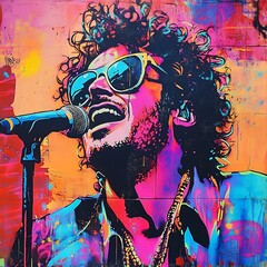 Pop art graffiti of a music legend with exaggerated neon colors.