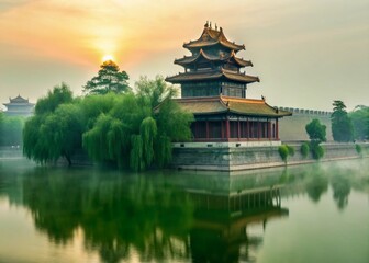 Naklejka premium Silhouette Forbidden City Corner Tower & Misty River at Dawn