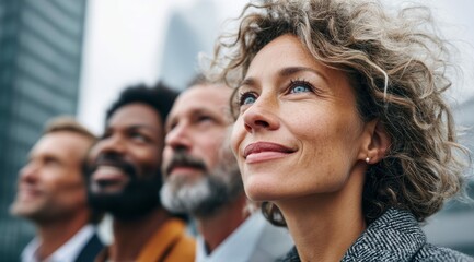 A diverse group of professionals looks upward with hope against a blurred cityscape background.